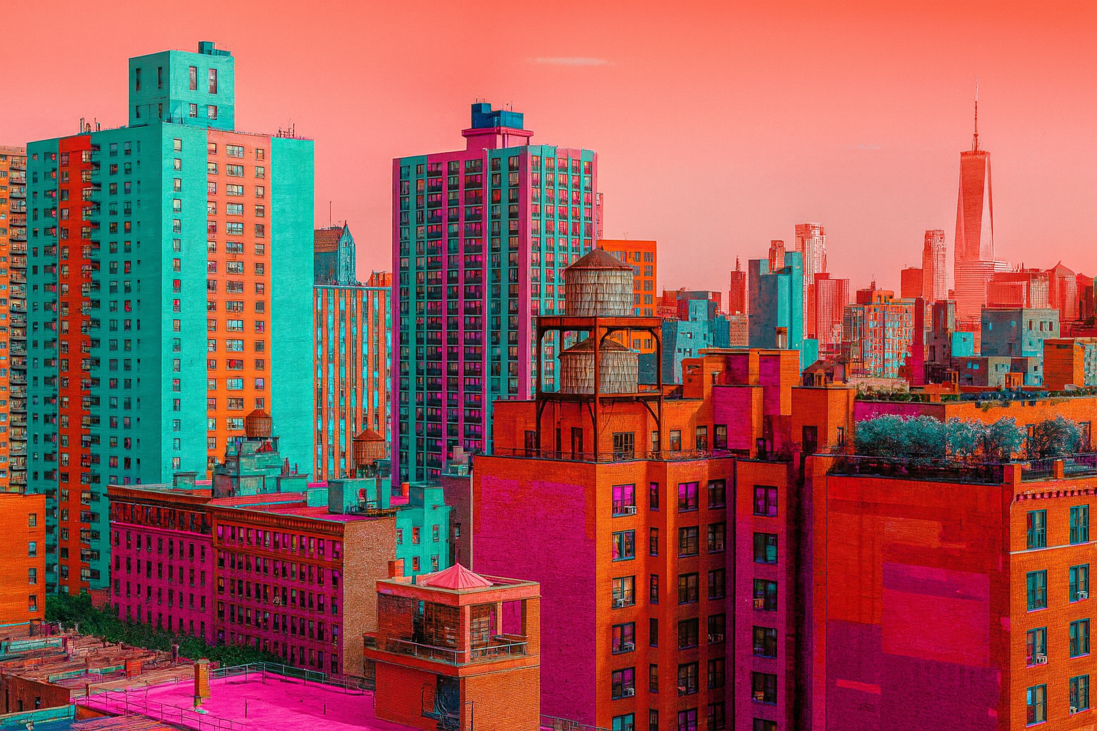 A vibrant, digitally enhanced cityscape featuring a mix of high-rise apartment buildings and commercial structures. The image is saturated with neon colors—teal, magenta, orange, and pink—creating a surreal, cyberpunk aesthetic. Several water towers are perched atop mid-rise brick buildings in the foreground. The taller buildings in the midground and background showcase a grid of windows and vertical architectural lines. In the distance, the One World Trade Center rises prominently above the skyline. The sky is a smooth gradient of warm pink to coral, contributing to the hyper-stylized, futuristic vibe of the image. The overall scene captures the density and texture of an urban environment, likely New York City, reimagined with a bold and imaginative color pale